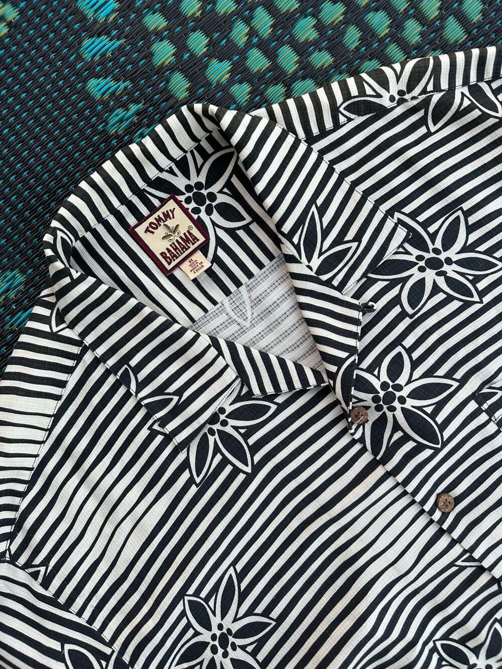 Tommy Bahama Black White Striped Floral Silk Shirt Men XL